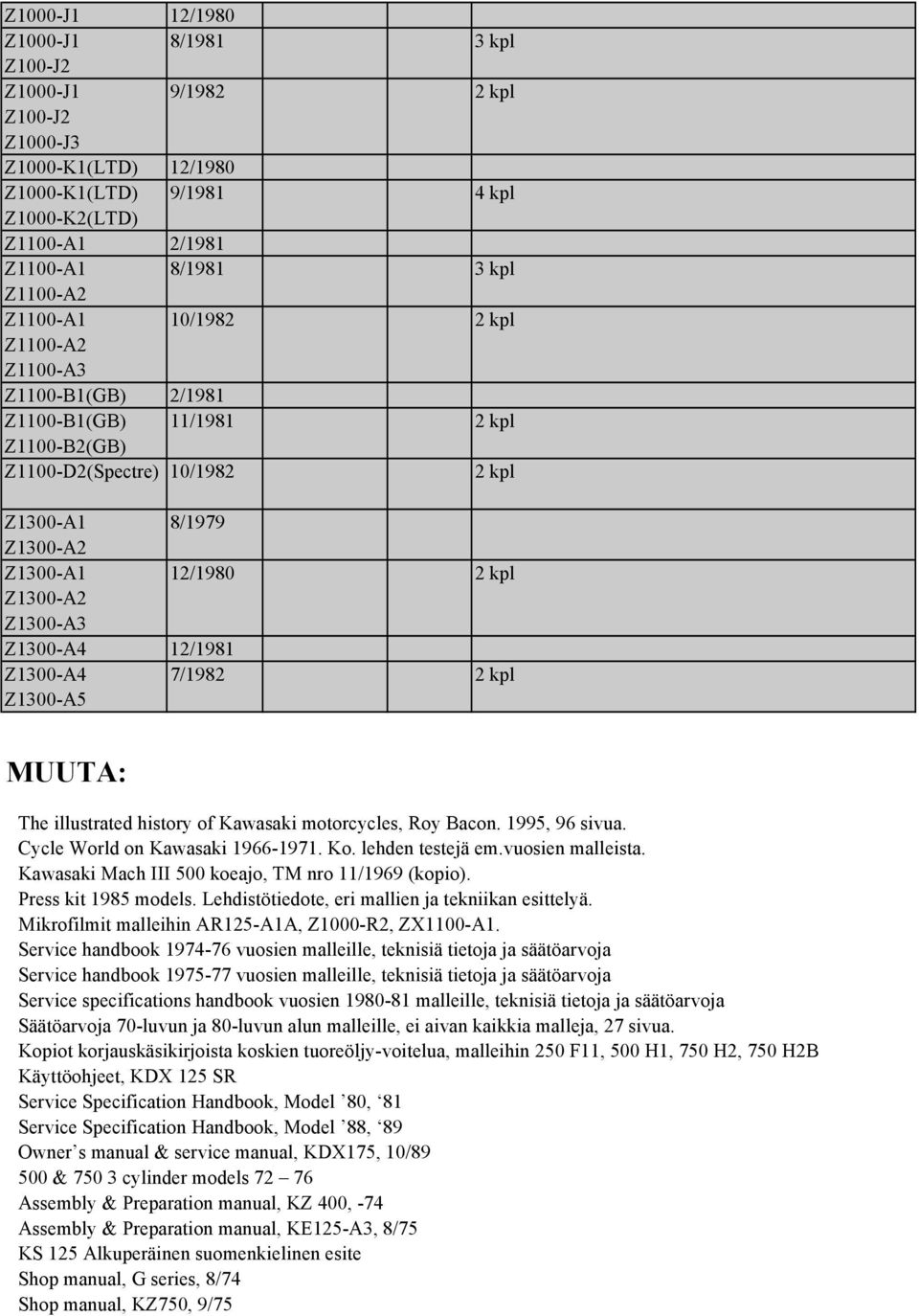 Z1300-A5 7/1982 MUUTA: The illustrated history of Kawasaki motorcycles, Roy Bacon. 1995, 96 sivua. Cycle World on Kawasaki 1966-1971. Ko. lehden testejä em.vuosien malleista.