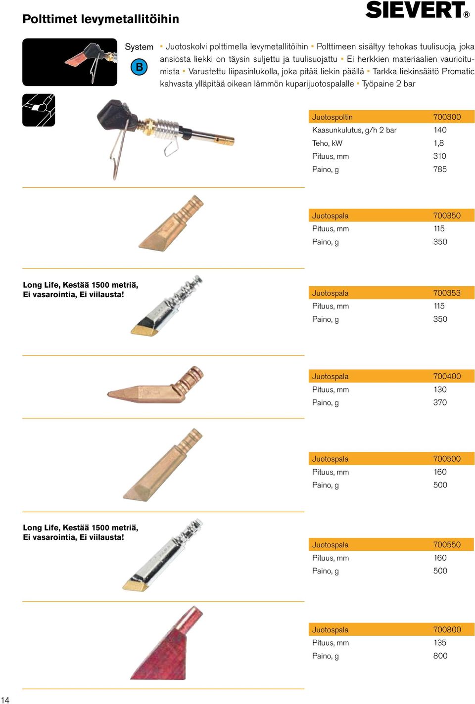 g/h 2 bar 140 Teho, kw 1,8 Pituus, mm 310 Paino, g 785 Juotospala 700350 Pituus, mm 115 Paino, g 350 Long Life, Kestää 1500 metriä, Ei vasarointia, Ei viilausta!