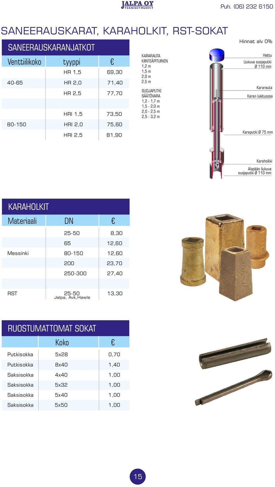 75 mm Karaholkki Alapään liukuva suojaputki Ø 110 mm KARAHOLKIT Materiaali Messinki RST DN 25-50 8,30 65 12,60 80-150 12,60 200 23,70 250-300 27,40 25-50 13,30