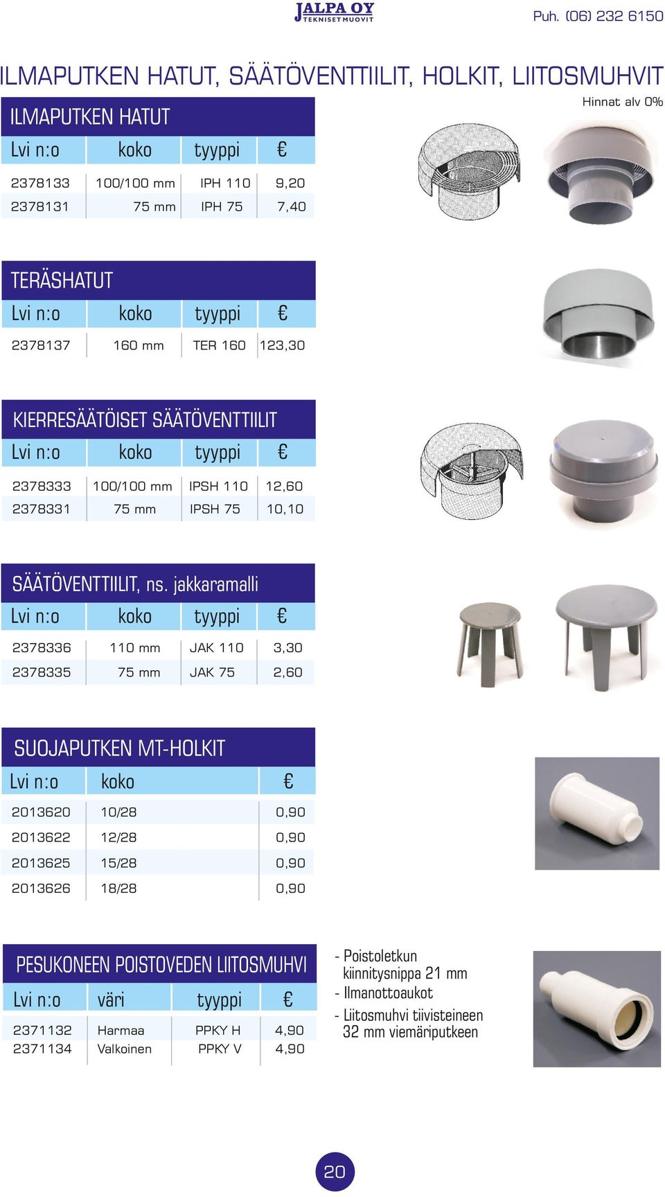 jakkaramalli 2378336 110 mm JAK 110 3,30 2378335 75 mm JAK 75 2,60 SUOJAPUTKEN MT-HOLKIT 2013620 10/28 0,90 2013622 12/28 0,90 2013625 15/28 0,90 2013626 18/28