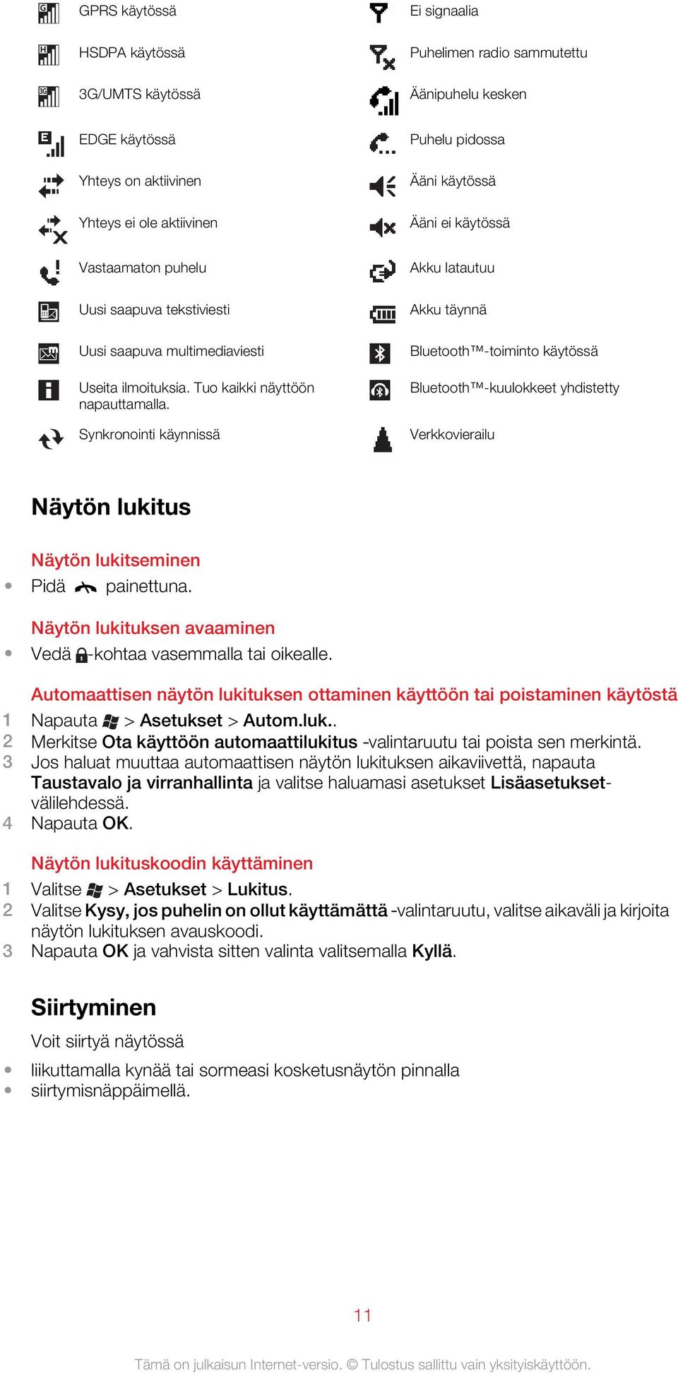 Synkronointi käynnissä Akku latautuu Akku täynnä Bluetooth -toiminto käytössä Bluetooth -kuulokkeet yhdistetty Verkkovierailu Näytön lukitus Näytön lukitseminen Pidä painettuna.