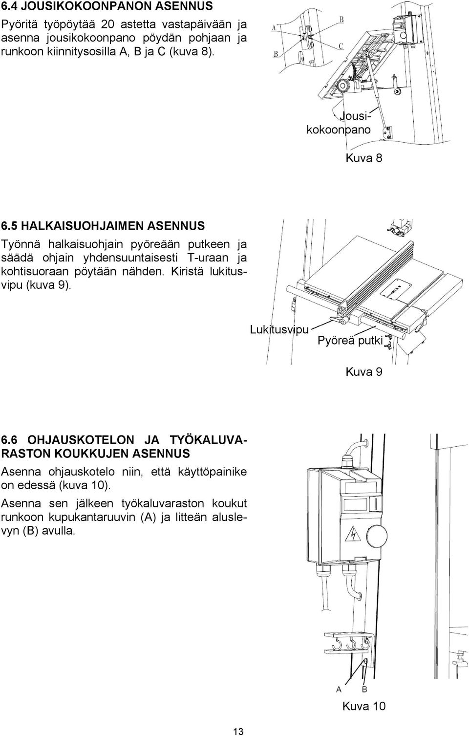 5 HALKAISUOHJAIMEN ASENNUS Työnnä halkaisuohjain pyöreään putkeen ja säädä ohjain yhdensuuntaisesti T-uraan ja kohtisuoraan pöytään nähden.