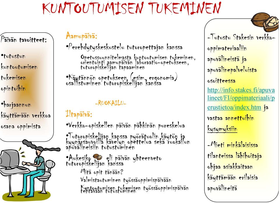 ergonomia) osallistuminen tutoropiskelijan kanssa Verkko-opiskellen päivän pähkinän pureskelua Tutoropiskelijan kanssa pyörätuolin käytön ja kyynärsauvoilla kävelyn opettelua sekä ruokailun