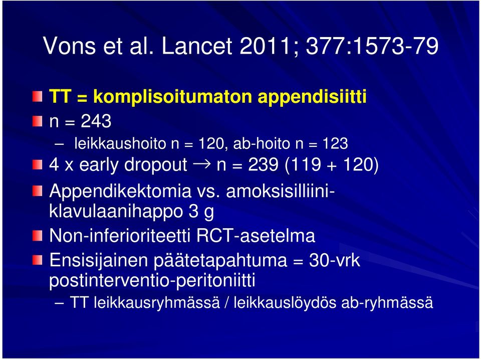 120, ab-hoito n = 123 4 x early dropout n = 239 (119 + 120) Appendikektomia vs.