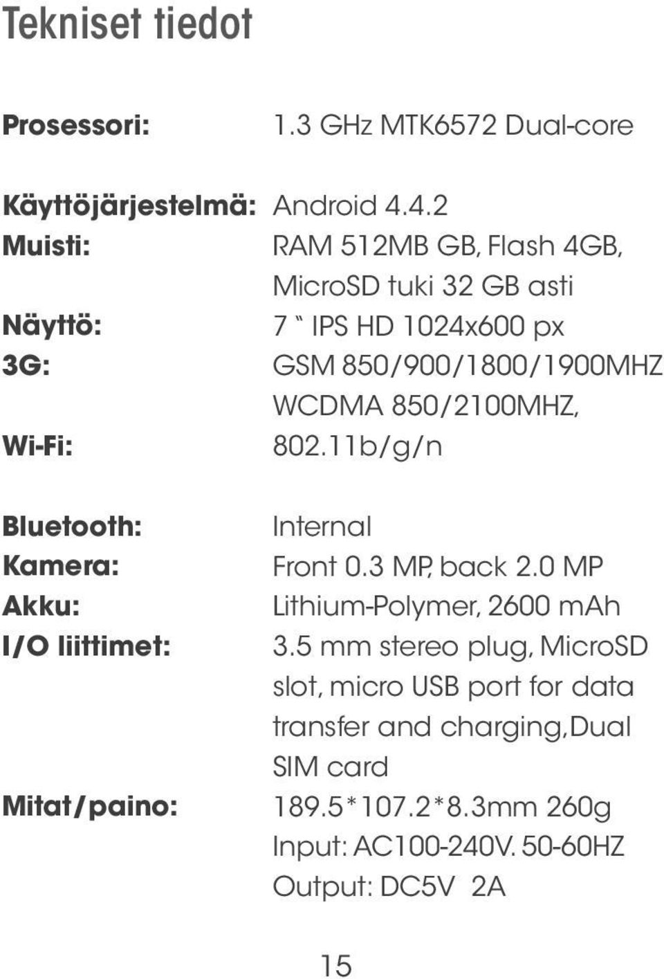 11b/g/n Bluetooth: Kamera: Akku: I/O liittimet: Mitat/paino: Internal Front 0.3 MP, back 2.0 MP Lithium-Polymer, 2600 mah 3.