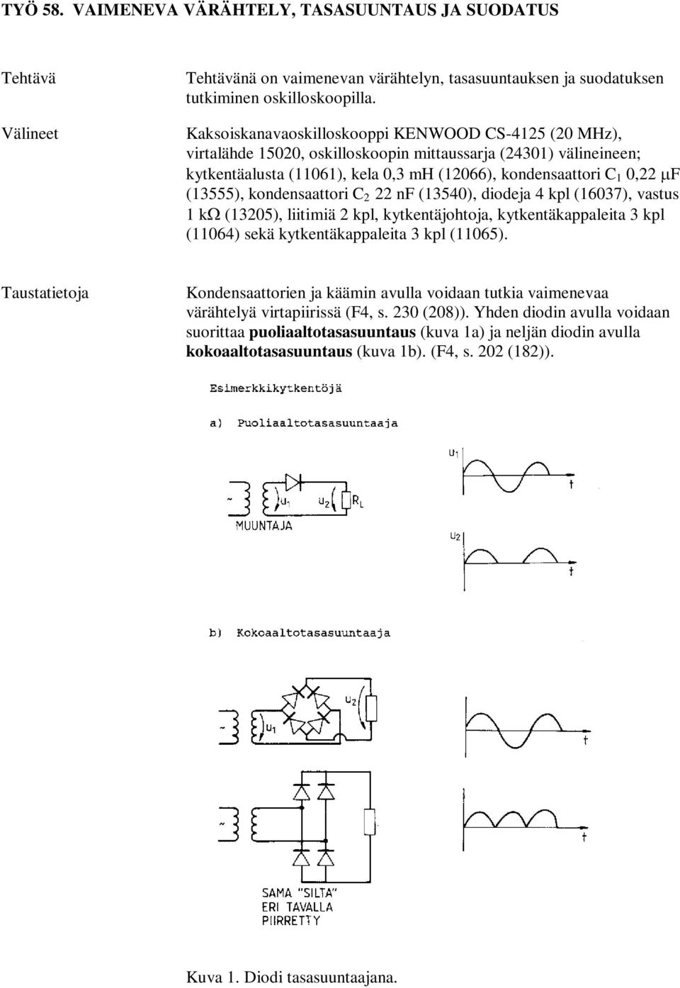 (13555), kondensaattori C 2 22 nf (13540), diodeja 4 kpl (16037), vastus 1 kω (13205), liitimiä 2 kpl, kytkentäjohtoja, kytkentäkappaleita 3 kpl (11064) sekä kytkentäkappaleita 3 kpl (11065).