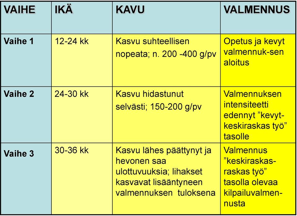 Vaihe 3 30-36 kk Kasvu lähes päättynyt ja hevonen saa ulottuvuuksia; lihakset kasvavat lisääntyneen
