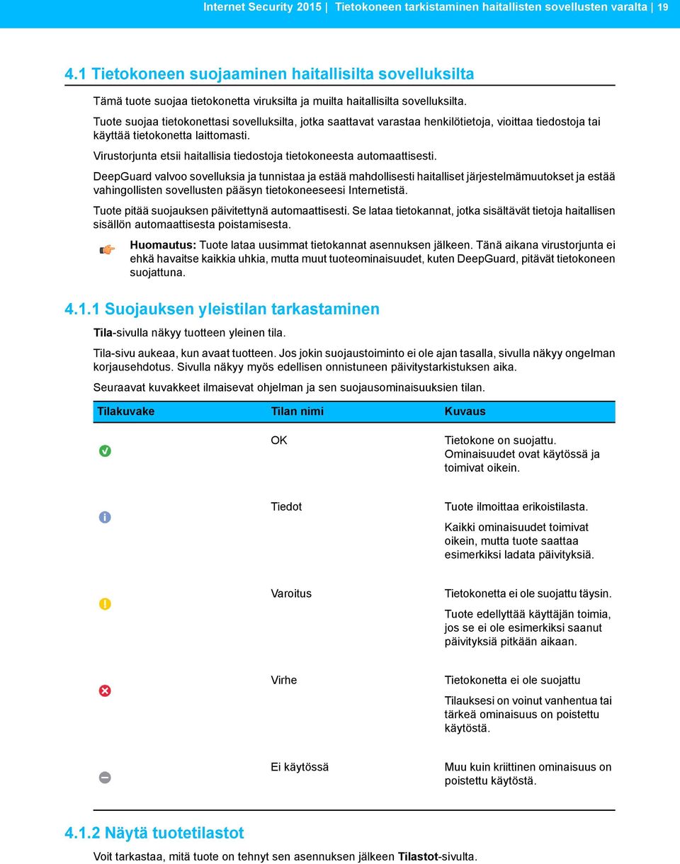 Tuote suojaa tietokonettasi sovelluksilta, jotka saattavat varastaa henkilötietoja, vioittaa tiedostoja tai käyttää tietokonetta laittomasti.