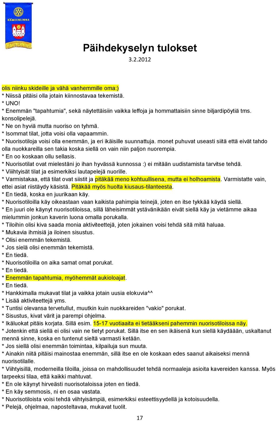 * Nuorisotiloja voisi olla enemmän, ja eri ikäisille suunnattuja. monet puhuvat useasti siitä että eivät tahdo olla nuokkareilla sen takia koska siellä on vain niin paljon nuorempia.