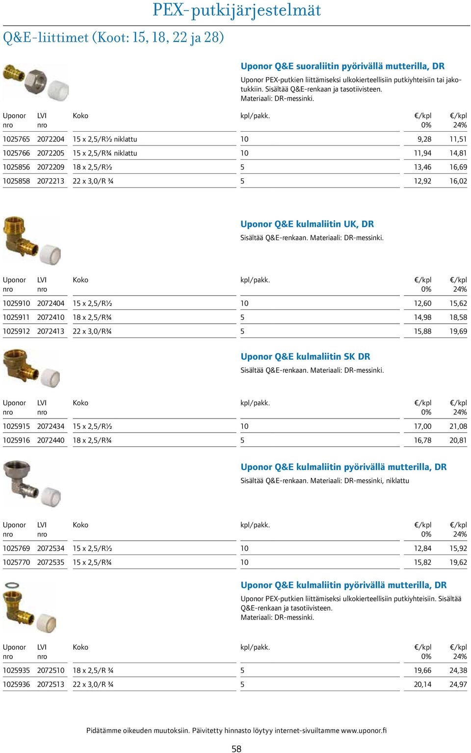 276 2072204 1 x 2,/R½ niklattu 9,28 11,1 2766 207220 1 x 2,/R¾ niklattu 11,94 14,81 286 2072209 18 x 2,/R½ 13,46 16,69 288 2072213 22 x 3,0/R ¾ 12,92 16,02 Q&E kulmaliitin UK, DR Sisältää Q&E-renkaan.