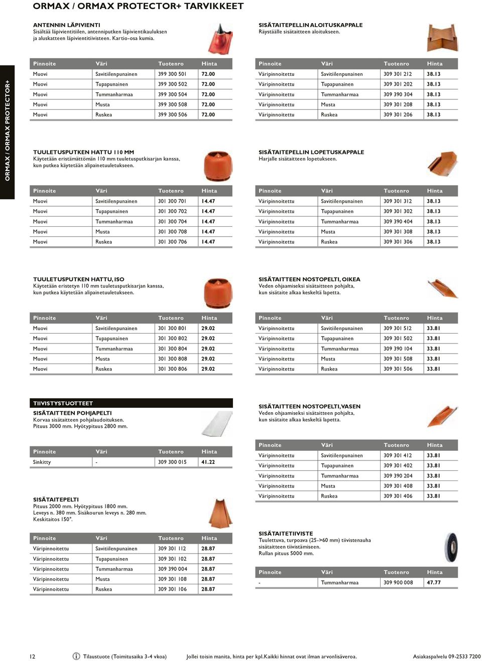 läpivientitiivisteen. Kartio-osa kumia. SISÄTAITEPELLIN ALOITUSKAPPALE Räystäälle sisätaitteen aloitukseen. ORMAX / ORMAX PROTECTOR+ Muovi Savitiilenpunainen 399 300 501 72.