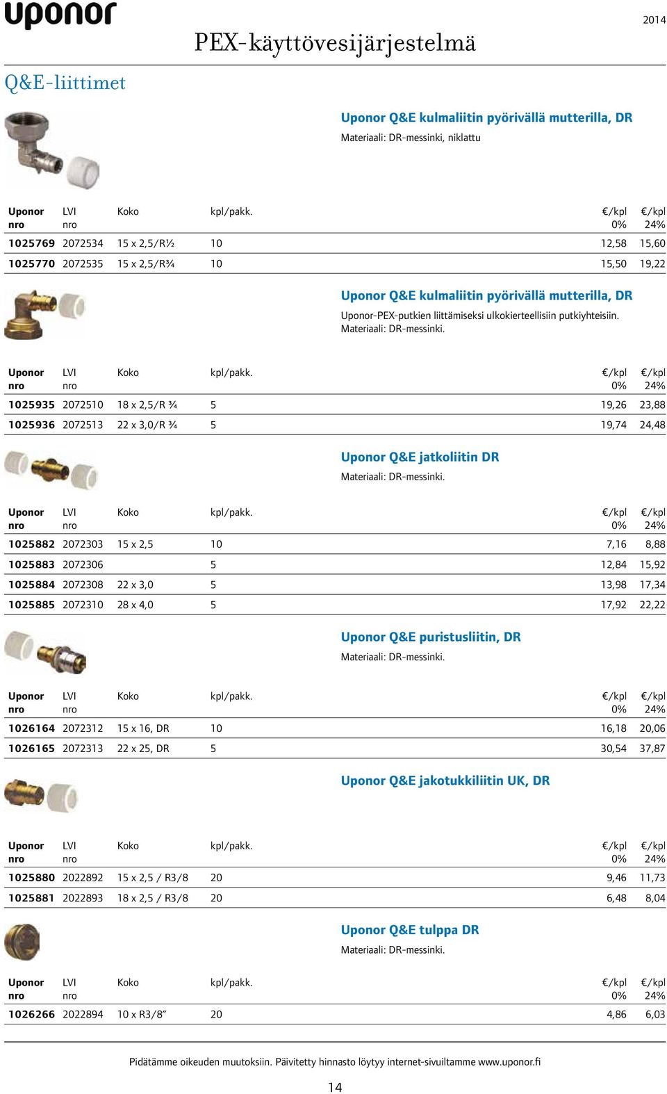 Materiaali: DR-messinki. kpl/pakk.