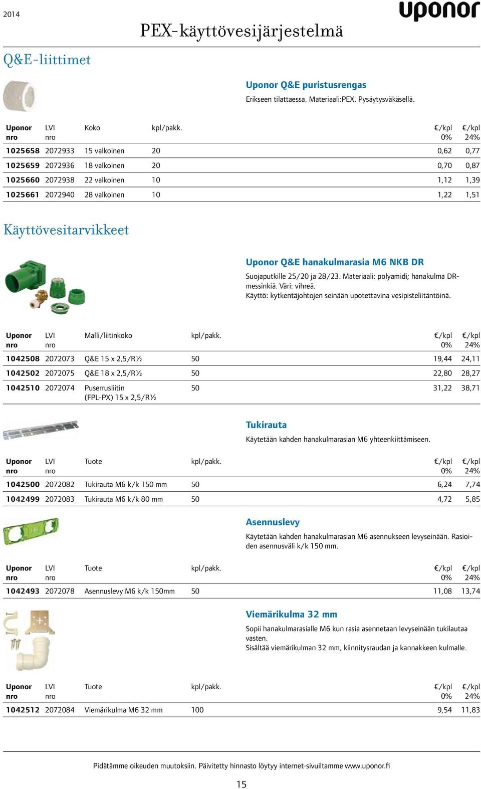hanakulmarasia M6 NKB DR Suojaputkille 25/20 ja 28/23. Materiaali: polyamidi; hanakulma DRmessinkiä. Väri: vihreä. Käyttö: kytkentäjohtojen seinään upotettavina vesipisteliitäntöinä.