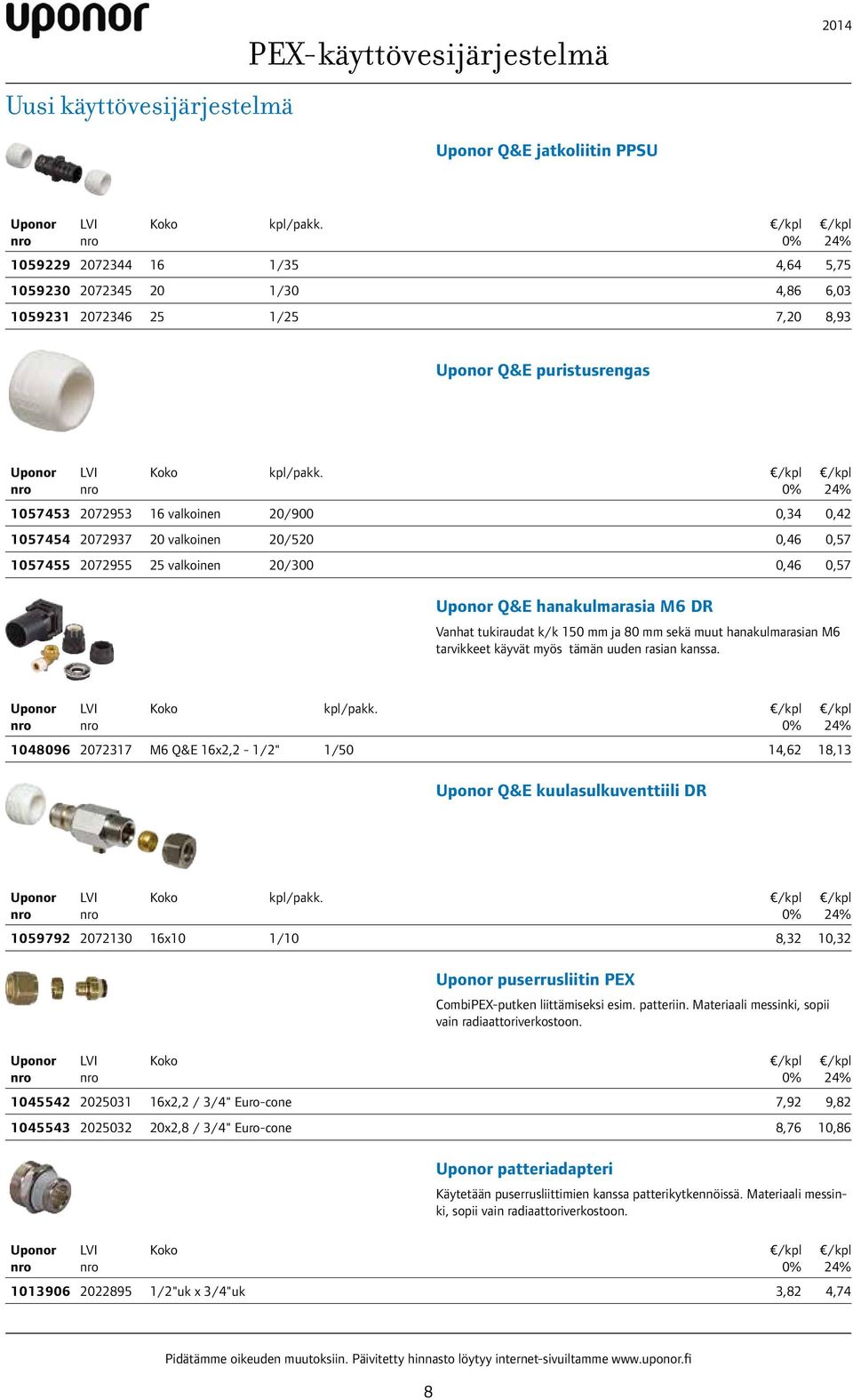 mm sekä muut hanakulmarasian M6 tarvikkeet käyvät myös tämän uuden rasian kanssa. kpl/pakk. 1048096 2072317 M6 Q&E 16x2,2-1/2" 1/50 14,62 18,13 Q&E kuulasulkuventtiili DR kpl/pakk.