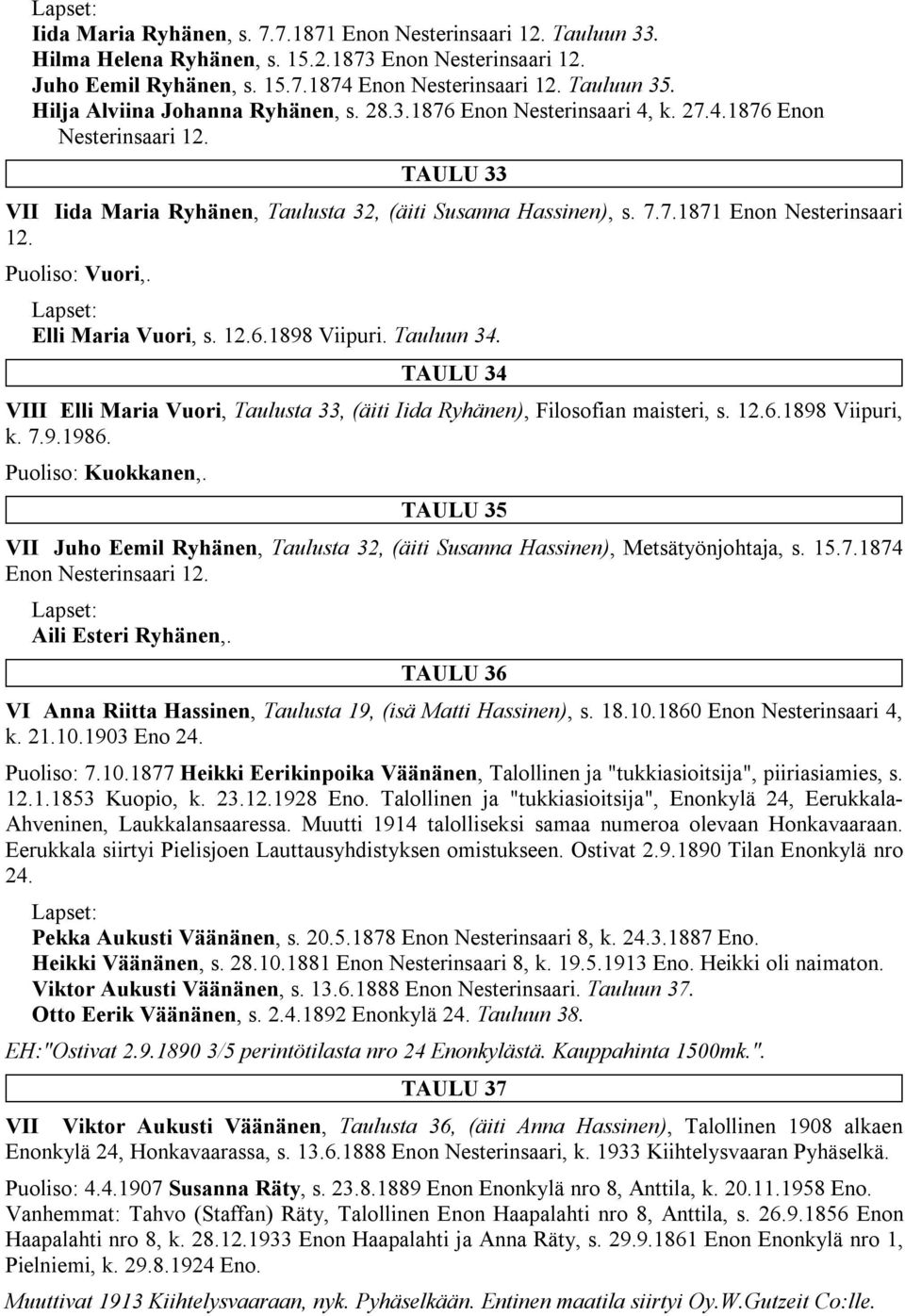 Puoliso: Vuori,. Elli Maria Vuori, s. 12.6.1898 Viipuri. Tauluun 34. TAULU 34 VIII Elli Maria Vuori, Taulusta 33, (äiti Iida Ryhänen), Filosofian maisteri, s. 12.6.1898 Viipuri, k. 7.9.1986.