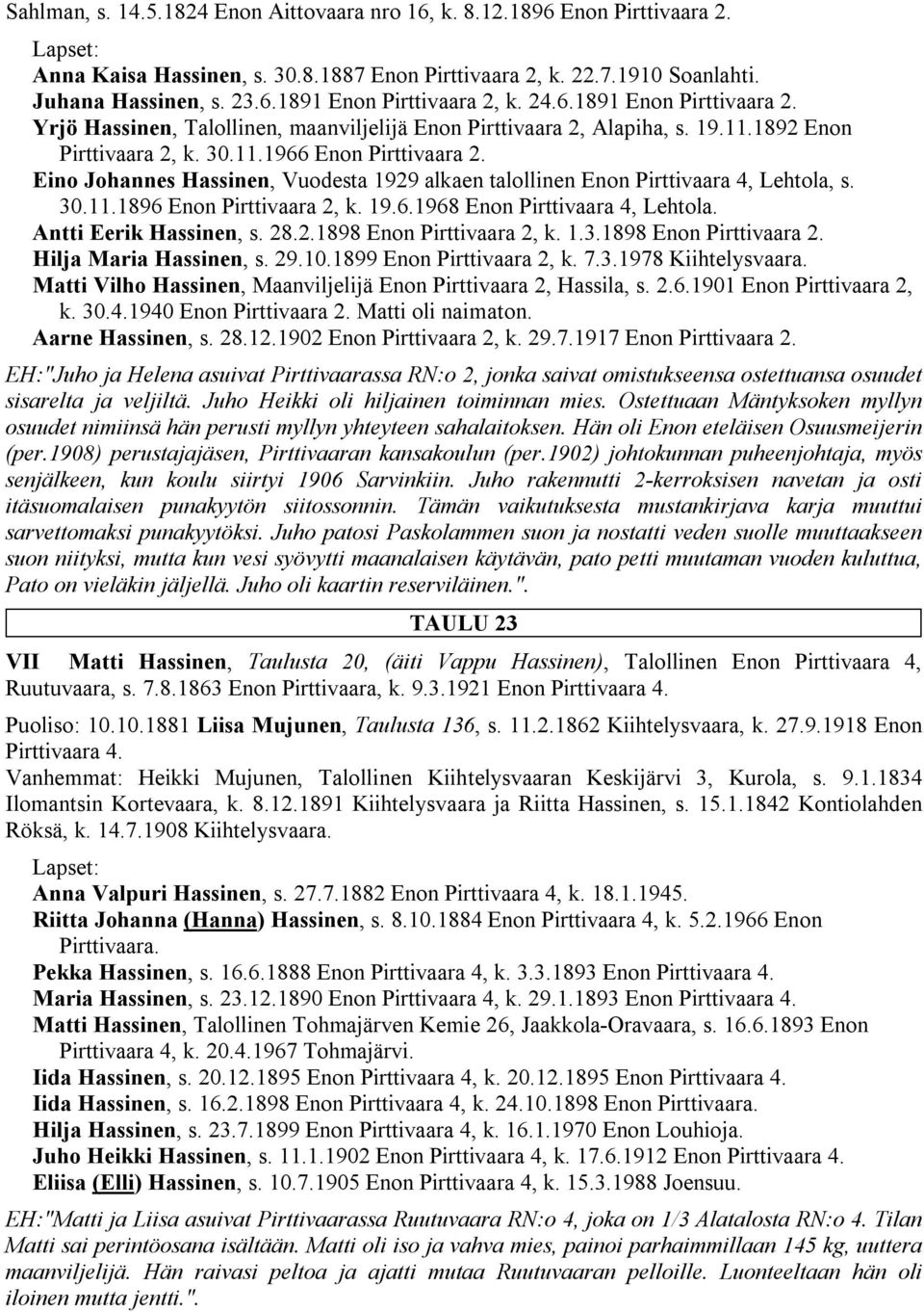 Eino Johannes Hassinen, Vuodesta 1929 alkaen talollinen Enon Pirttivaara 4, Lehtola, s. 30.11.1896 Enon Pirttivaara 2, k. 19.6.1968 Enon Pirttivaara 4, Lehtola. Antti Eerik Hassinen, s. 28.2.1898 Enon Pirttivaara 2, k.