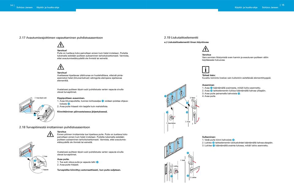 Varoitus Varo sormien litistymistä oven karmin ja avautuvan puitteen väliin käyttäessäsi liukuovea. Varoitus!