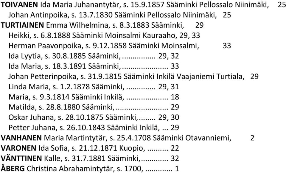 .. 33 Johan Petterinpoika, s. 31.9.1815 Sääminki Inkilä Vaajaniemi Turtiala, 29 Linda Maria, s. 1.2.1878 Sääminki,... 29, 31 Maria, s. 9.3.1814 Sääminki Inkilä,... 18 Matilda, s. 28.8.1880 Sääminki,.