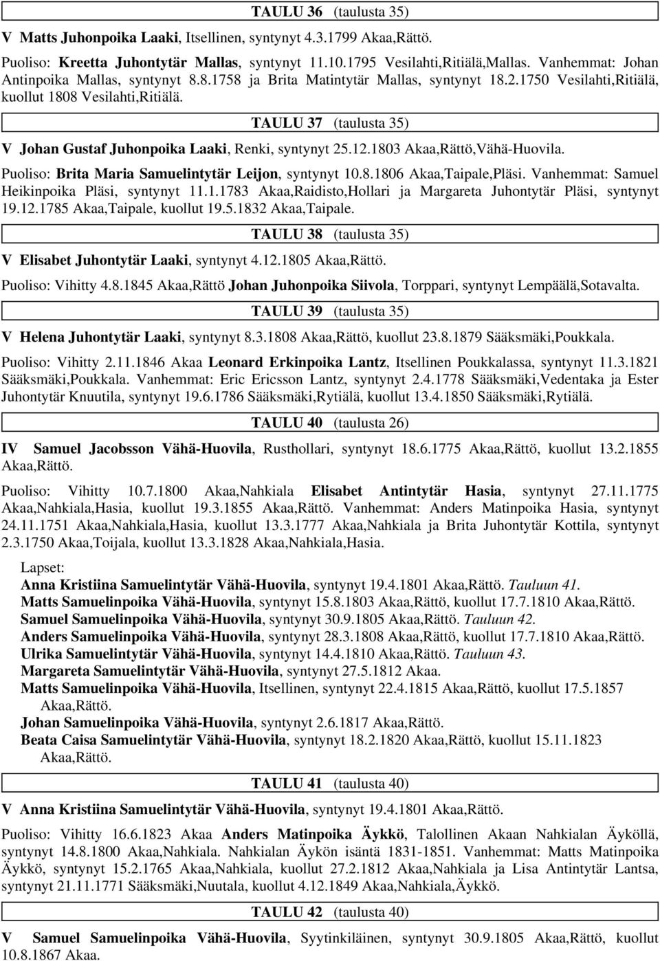 TAULU 37 (taulusta 35) V Johan Gustaf Juhonpoika Laaki, Renki, syntynyt 25.12.1803 Akaa,Rättö,Vähä-Huovila. Puoliso: Brita Maria Samuelintytär Leijon, syntynyt 10.8.1806 Akaa,Taipale,Pläsi.