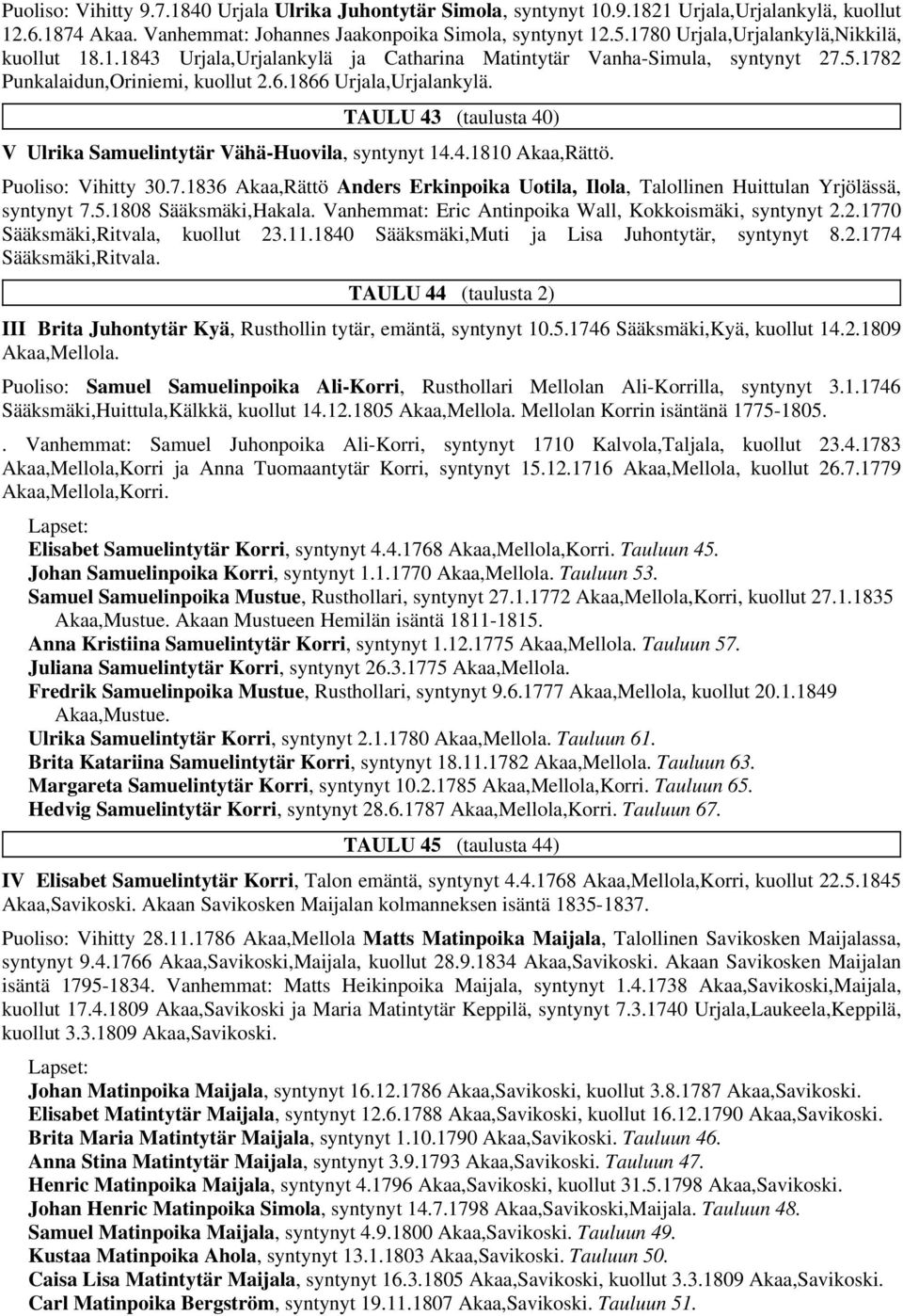 TAULU 43 (taulusta 40) V Ulrika Samuelintytär Vähä-Huovila, syntynyt 14.4.1810 Akaa,Rättö. Puoliso: Vihitty 30.7.