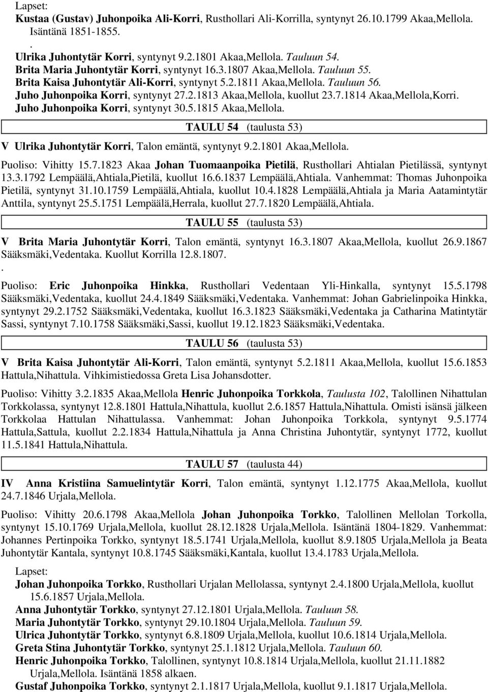 7.1814 Akaa,Mellola,Korri. Juho Juhonpoika Korri, syntynyt 30.5.1815 Akaa,Mellola. TAULU 54 (taulusta 53) V Ulrika Juhontytär Korri, Talon emäntä, syntynyt 9.2.1801 Akaa,Mellola. Puoliso: Vihitty 15.