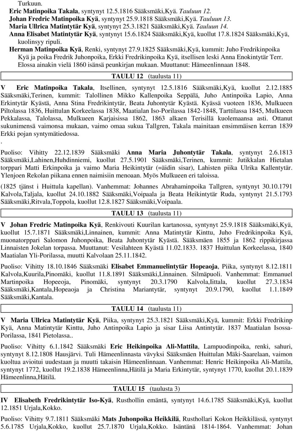 1825 Sääksmäki,Kyä, kummit: Juho Fredrikinpoika Kyä ja poika Fredrik Juhonpoika, Erkki Fredrikinpoika Kyä, itsellisen leski Anna Enokintytär Terr. Elossa ainakin vielä 1860 isänsä peunkirjan mukaan.