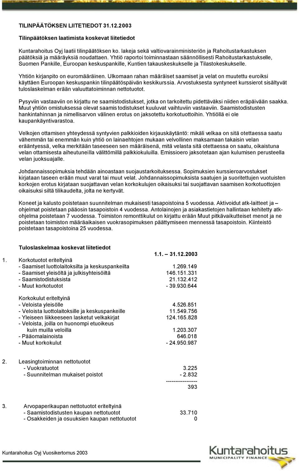 Yhtiö raportoi toiminnastaan säännöllisesti Rahoitustarkastukselle, Suomen Pankille, Euroopan keskuspankille, Kuntien takauskeskukselle ja Tilastokeskukselle. Yhtiön kirjanpito on euromääräinen.