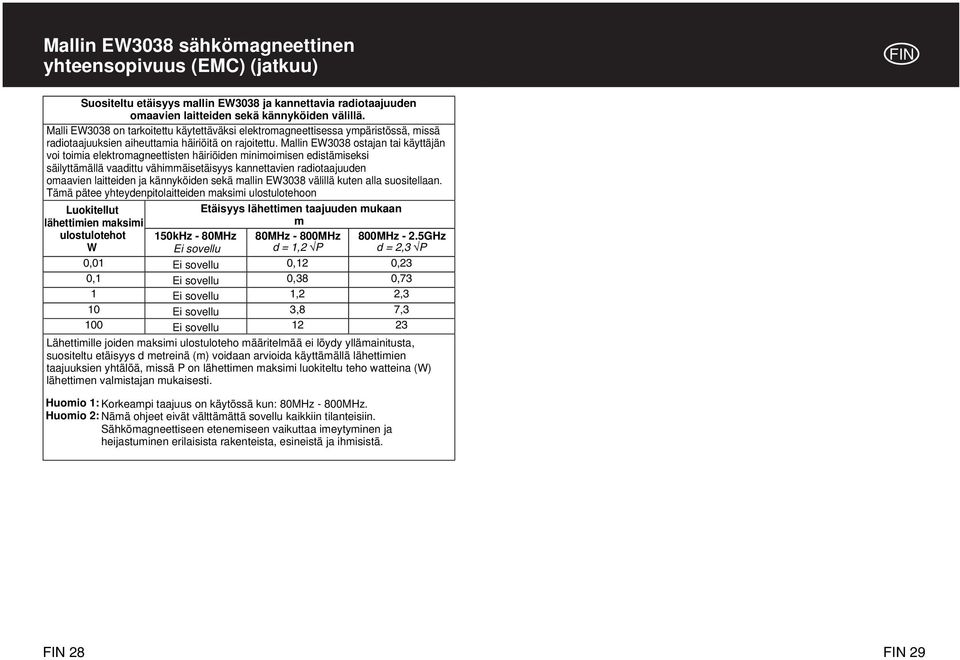 Mallin EW3038 ostajan tai käyttäjän voi toimia elektromagneettisten häiriöiden minimoimisen edistämiseksi säilyttämällä vaadittu vähimmäisetäisyys kannettavien radiotaajuuden omaavien laitteiden ja