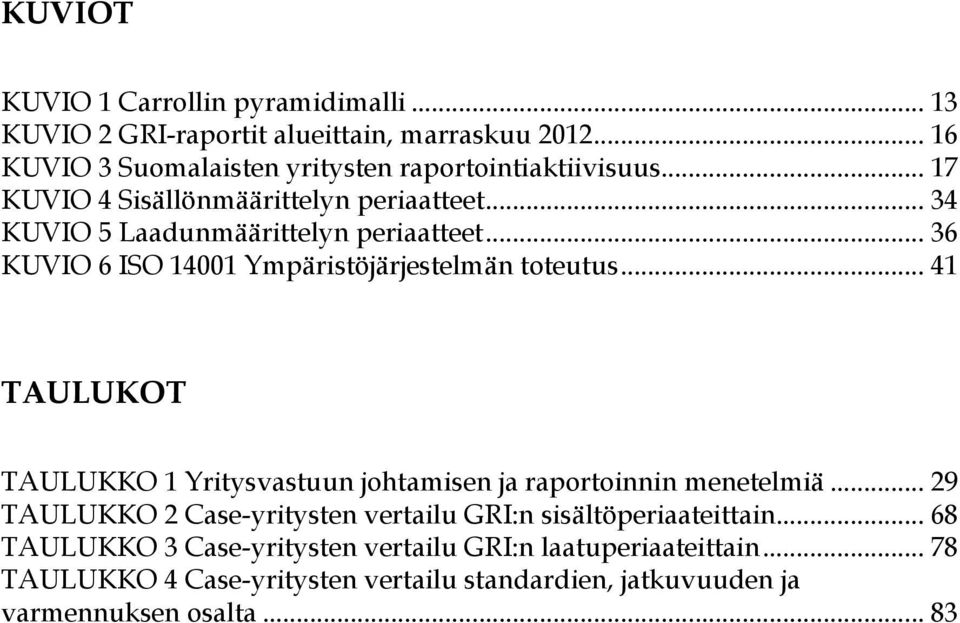 .. 41 TAULUKOT TAULUKKO 1 Yritysvastuun johtamisen ja raportoinnin menetelmiä... 29 TAULUKKO 2 Case-yritysten vertailu GRI:n sisältöperiaateittain.