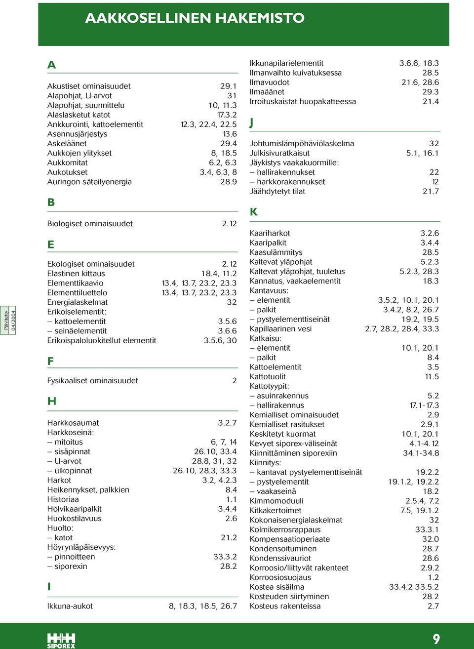 12 Elastinen kittaus 18.4, 11.2 Elementtikaavio 13.4, 13.7, 23.2, 23.3 Elementtiluettelo 13.4, 13.7, 23.2, 23.3 Energialaskelmat 32 Erikoiselementit: kattoelementit 3.5.6 