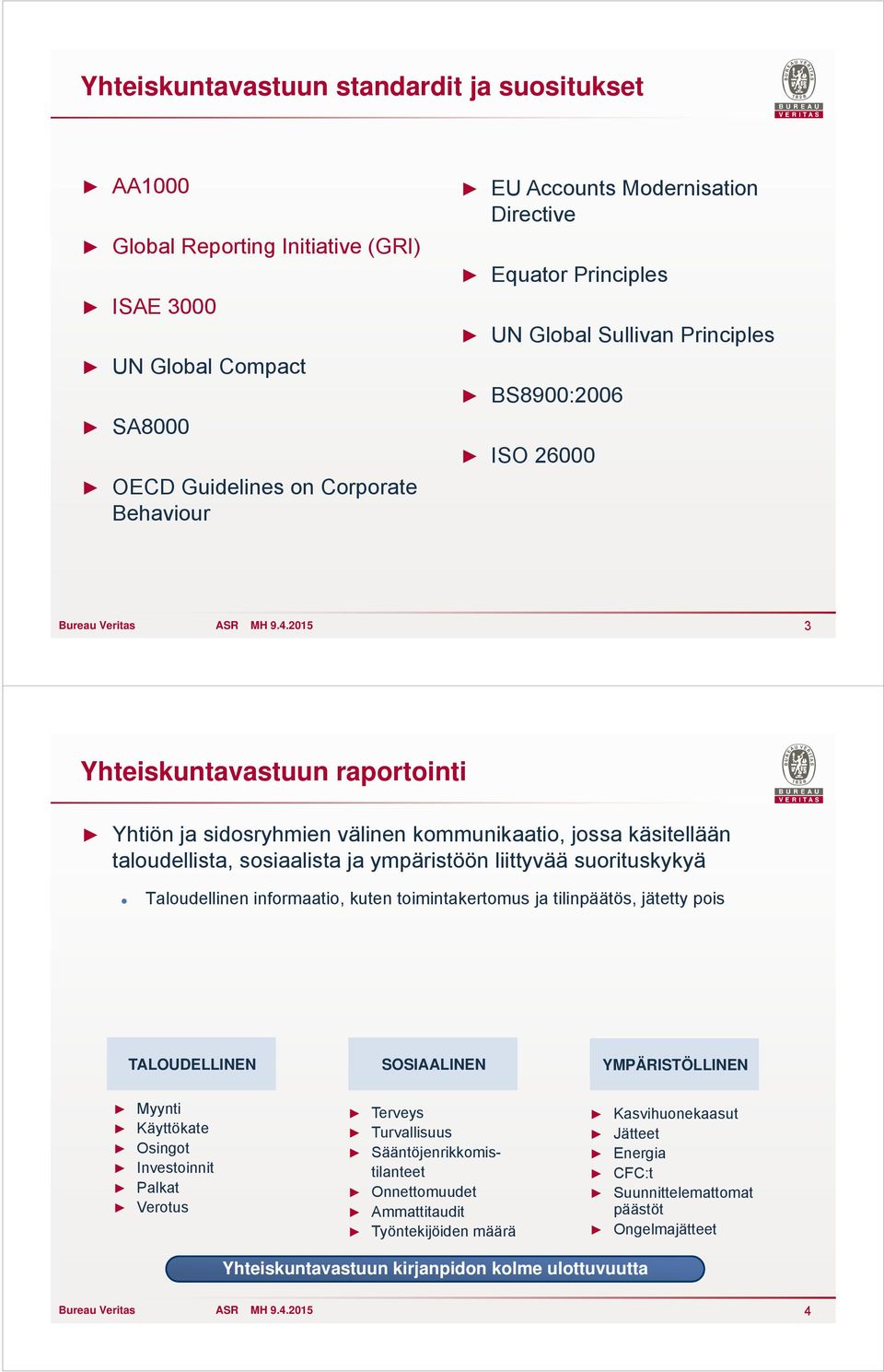 2015 3 Yhteiskuntavastuun raportointi Yhtiön ja sidosryhmien välinen kommunikaatio, jossa käsitellään taloudellista, sosiaalista ja ympäristöön liittyvää suorituskykyä Taloudellinen informaatio,