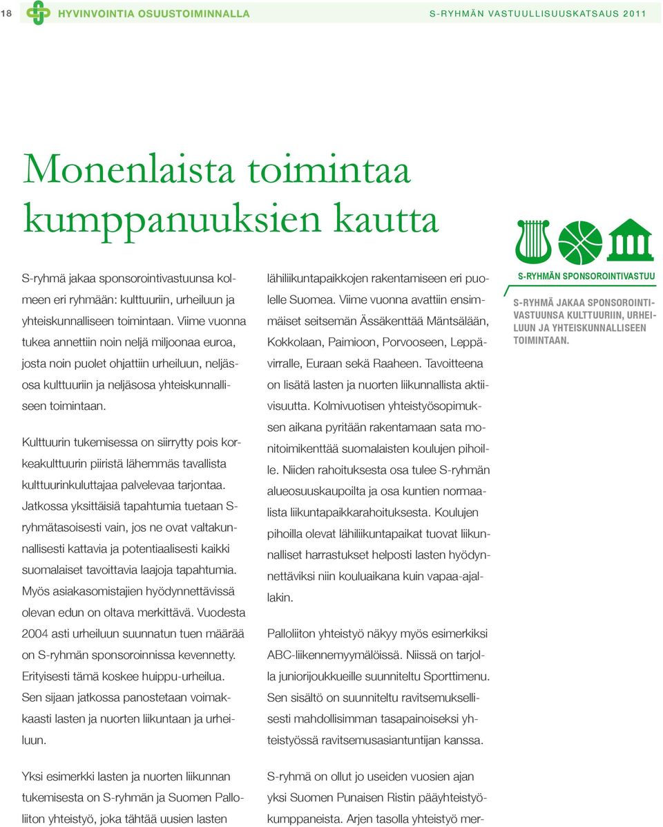 Viime vuonna mäiset seitsemän Ässäkenttää Mäntsälään, tukea annettiin noin neljä miljoonaa euroa, Kokkolaan, Paimioon, Porvooseen, Leppä- S-ryhmä jakaa sponsorointivastuunsa kulttuuriin, urheiluun ja