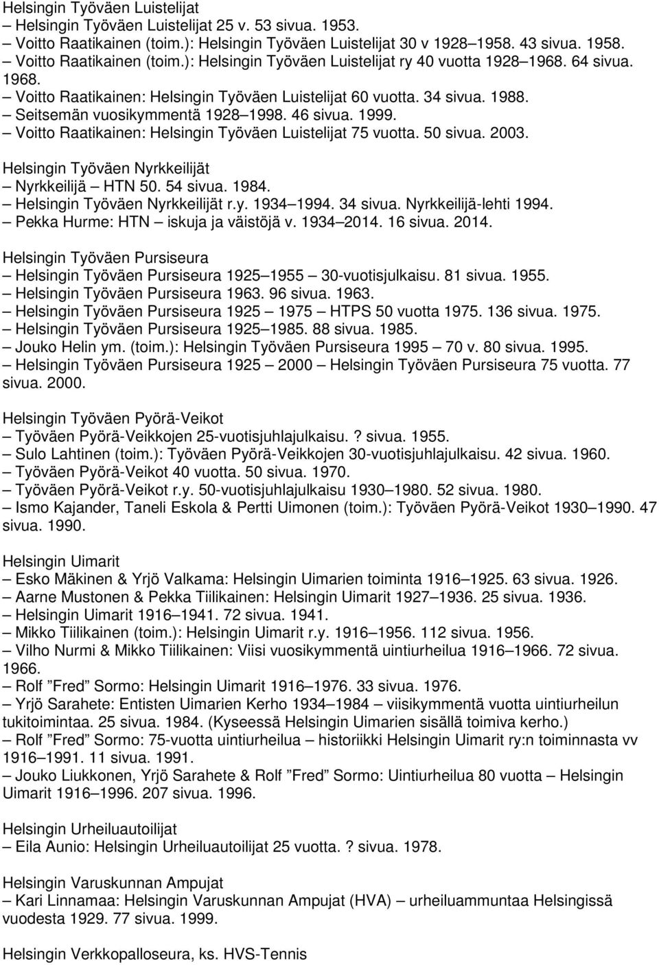 Voitto Raatikainen: Helsingin Työväen Luistelijat 75 vuotta. 50 sivua. 2003. Helsingin Työväen Nyrkkeilijät Nyrkkeilijä HTN 50. 54 sivua. 1984. Helsingin Työväen Nyrkkeilijät r.y. 1934 1994. 34 sivua.