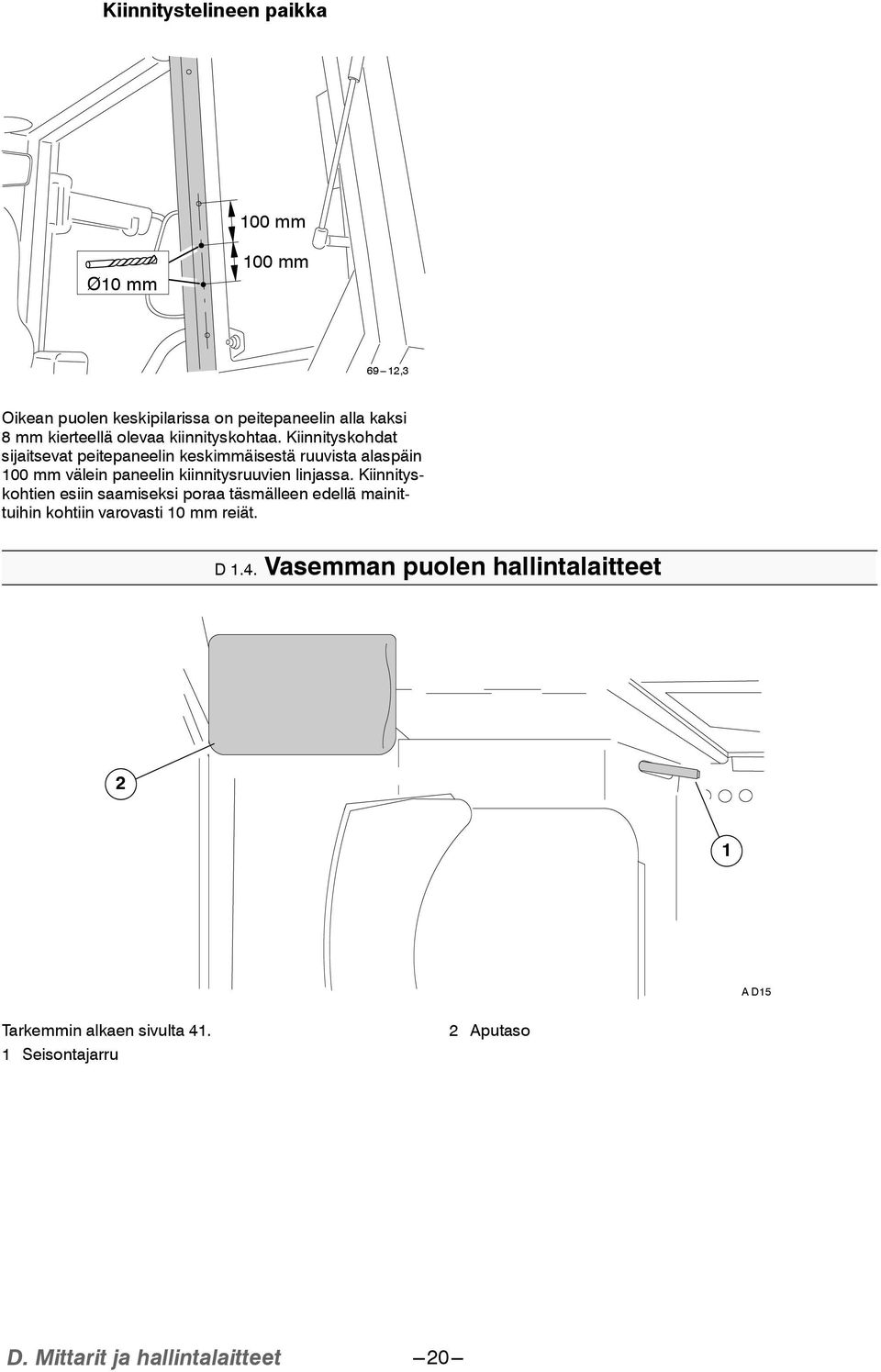 Kiinnityskohdat sijaitsevat peitepaneelin keskimmäisestä ruuvista alaspäin 100 mm välein paneelin kiinnitysruuvien linjassa.