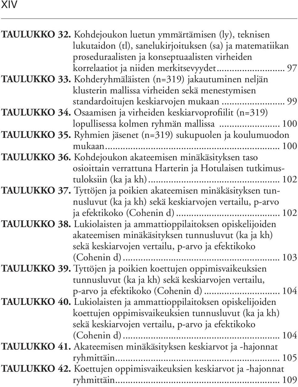 .. 97 TAULUKKO 33. Kohderyhmäläisten (n=319) jakautuminen neljän klusterin mallissa virheiden sekä menestymisen standardoitujen keskiarvojen mukaan... 99 TAULUKKO 34.