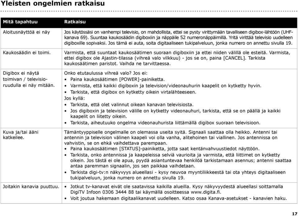 Yritä virittää televisio uudelleen digiboxille sopivaksi. Jos tämä ei auta, soita digitaaliseen tukipalveluun, jonka numero on annettu sivulla 19.