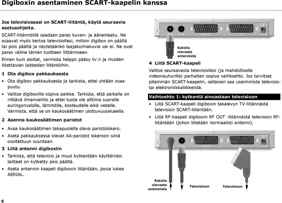 Ennen kuin aloitat, varmista helppo pääsy tv:n ja muiden liitettävien laitteiden liitäntöihin. 1 Ota digibox pakkauksesta Ota digibox pakkauksesta ja tarkista, ettei yhtään osaa puutu.