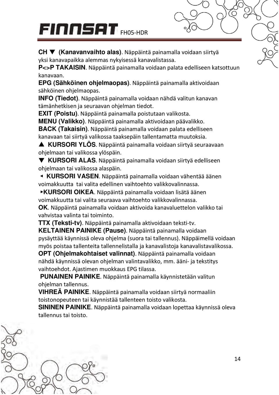 EXIT (Poistu). Näppäintä painamalla poistutaan valikosta. MENU (Valikko). Näppäintä painamalla aktivoidaan päävalikko. BACK (Takaisin).