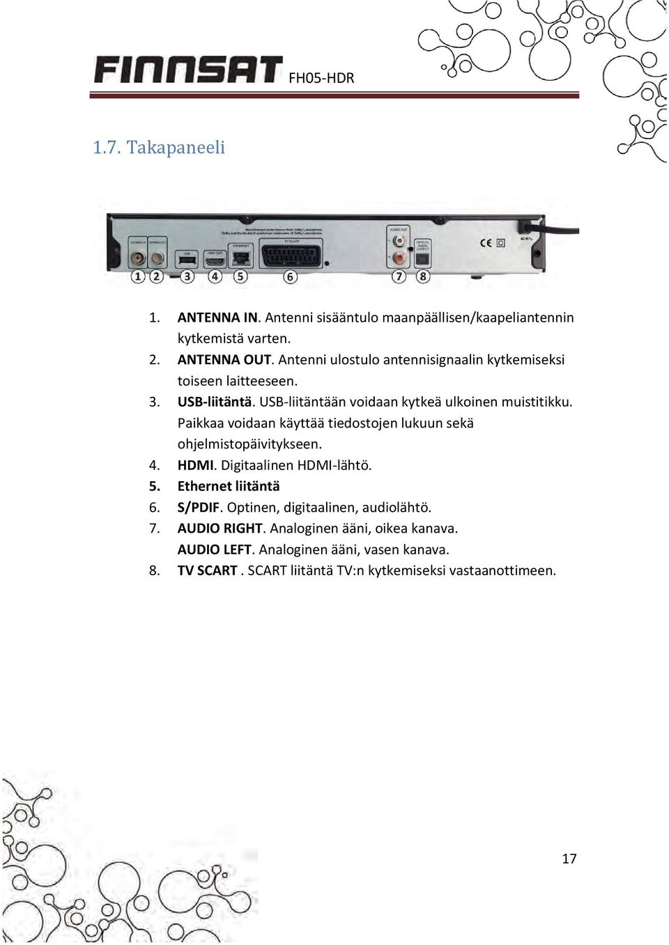 Paikkaa voidaan käyttää tiedostojen lukuun sekä ohjelmistopäivitykseen. 4. HDMI. Digitaalinen HDMI lähtö. 5. Ethernet liitäntä 6. S/PDIF.