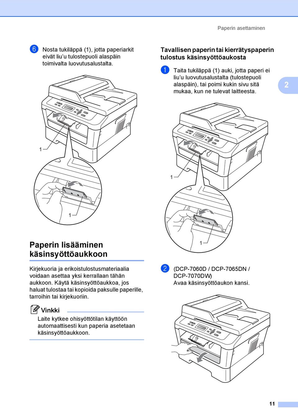 mukaa, kun ne tulevat laitteesta. 2 1 1 1 Paperin lisääminen käsinsyöttöaukkoon 2 Kirjekuoria ja erikoistulostusmateriaalia voidaan asettaa yksi kerrallaan tähän aukkoon.