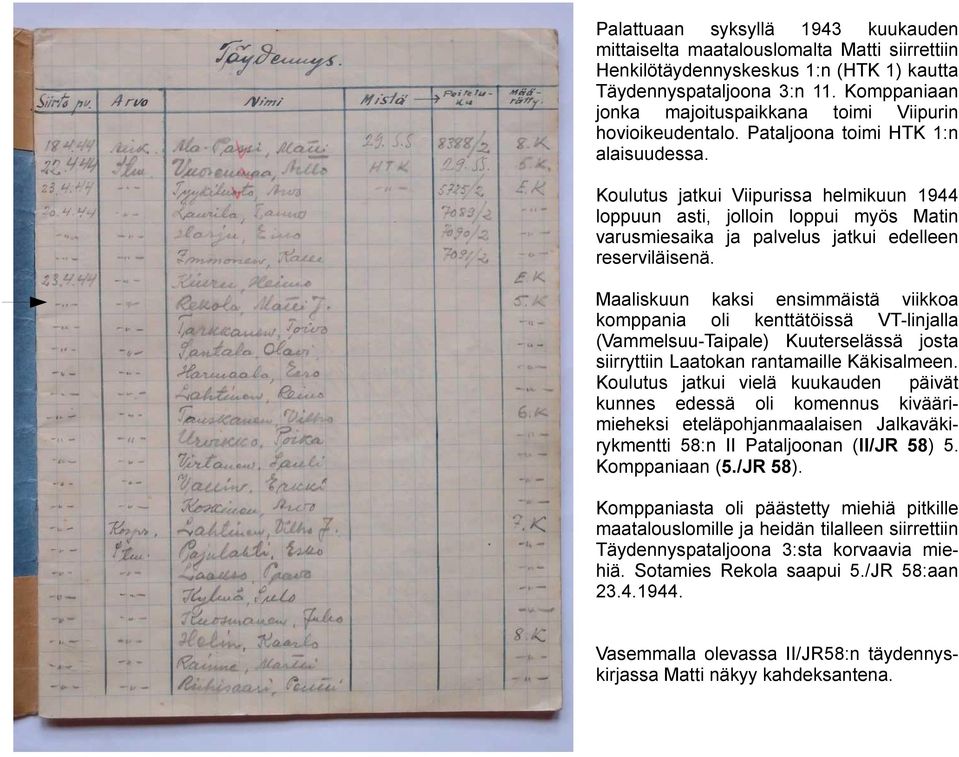 Koulutus jatkui Viipurissa helmikuun 1944 loppuun asti, jolloin loppui myös Matin varusmiesaika ja palvelus jatkui edelleen reserviläisenä.