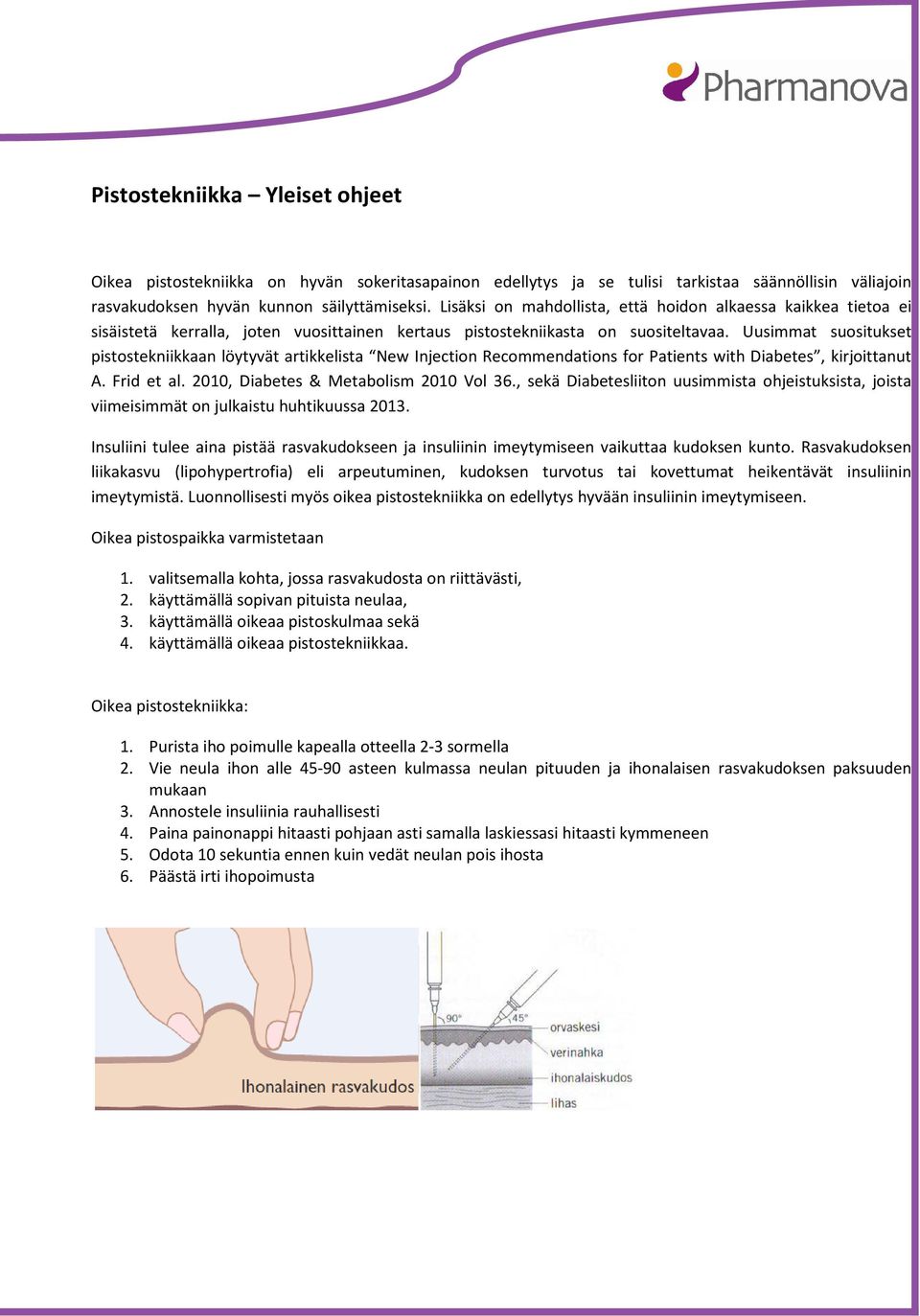 Uusimmat suositukset pistostekniikkaan löytyvät artikkelista New Injection Recommendations for Patients with Diabetes, kirjoittanut A. Frid et al. 2010, Diabetes & Metabolism 2010 Vol 36.