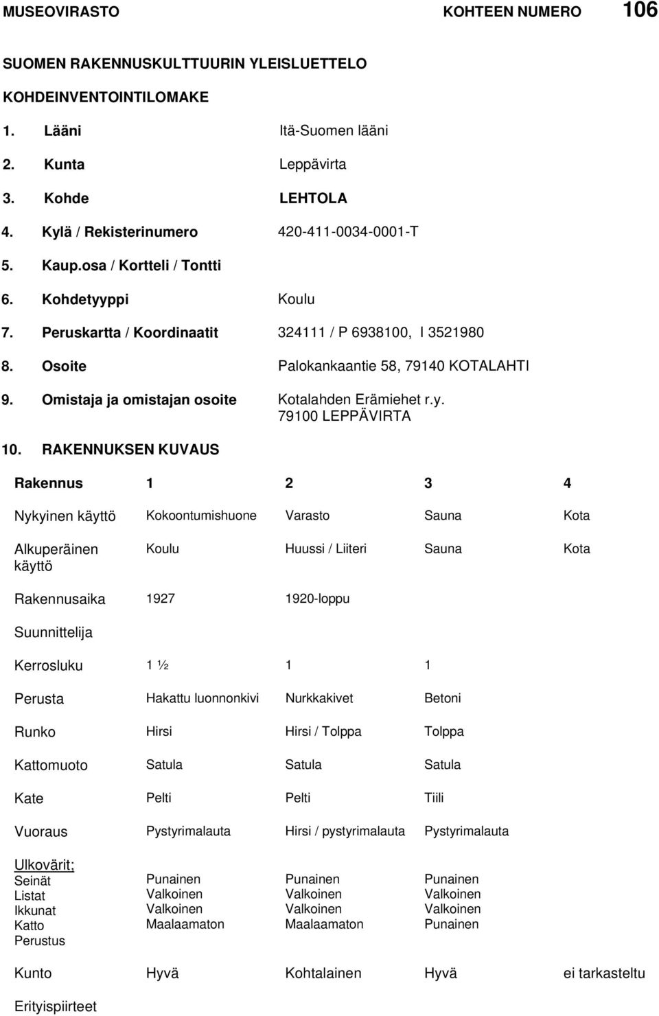 Osoite Palokankaantie 58, 79140 KOTALAHTI 9. Omistaja ja omistajan osoite Kotalahden Erämiehet r.y. 79100 LEPPÄVIRTA 10.