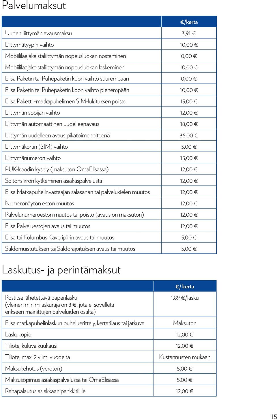 12,00 Liittymän automaattinen uudelleenavaus 18,00 Liittymän uudelleen avaus pikatoimenpiteenä 36,00 Liittymäkortin (SIM) vaihto 5,00 Liittymänumeron vaihto 15,00 PUK-koodin kysely (maksuton