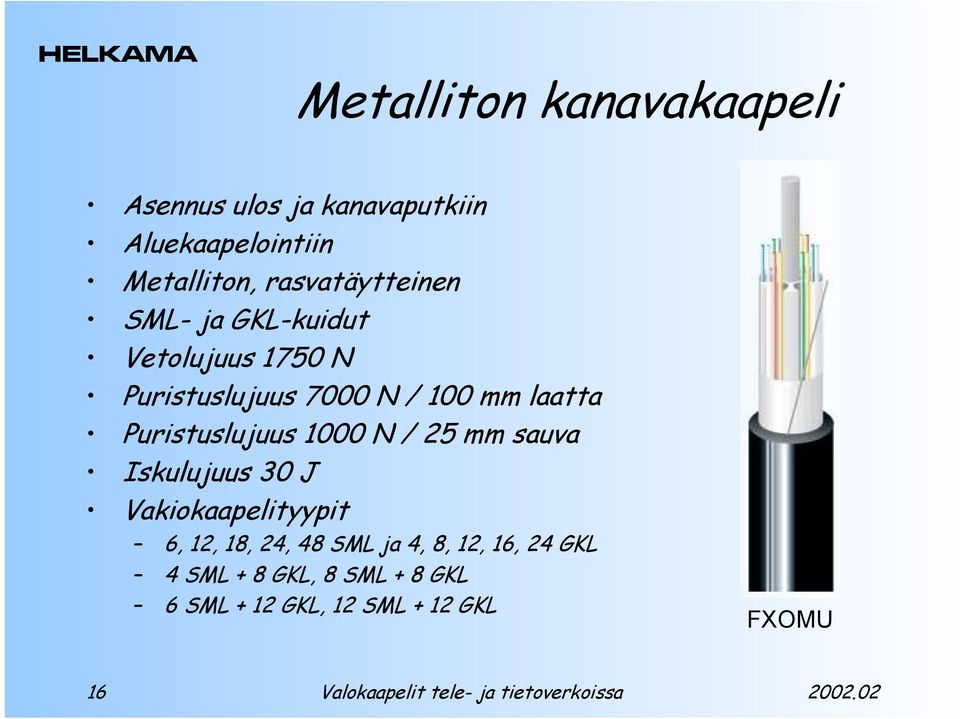 Puristuslujuus 1000 N / 25 mm sauva Iskulujuus 30 J Vakiokaapelityypit 6, 12, 18, 24, 48