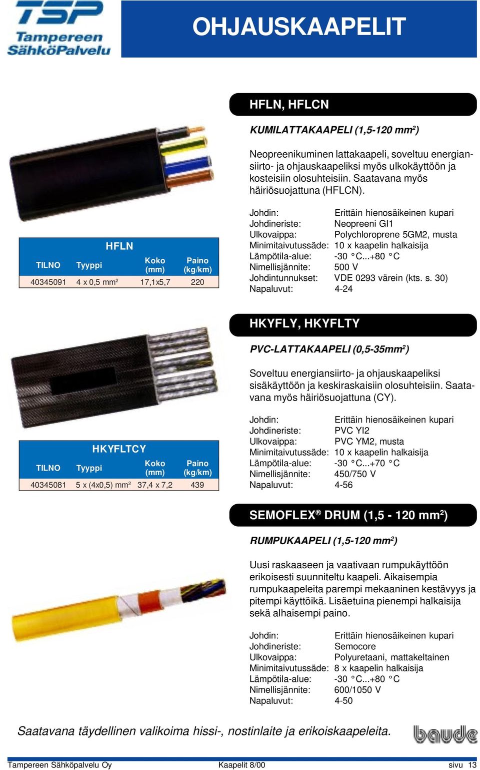 HFLN Koko 43491 4 x,5 11x 7 Erittäi hieosäikeie kupari Johdieriste: Neopreei GI1 Ulkovaippa: Polychloropree 5GM, Miimitaivutussäde: x kaapeli halkaisija Lämpötila-alue: -3 C.