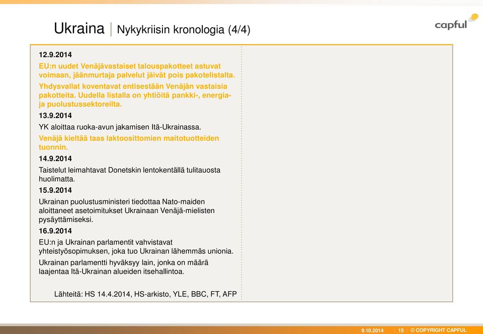 Venäjä kieltää taas laktoosittomien maitotuotteiden tuonnin. 14.9.2014 Taistelut leimahtavat Donetskin lentokentällä tulitauosta huolimatta. 15.9.2014 Ukrainan puolustusministeri tiedottaa Nato-maiden aloittaneet asetoimitukset Ukrainaan Venäjä-mielisten pysäyttämiseksi.