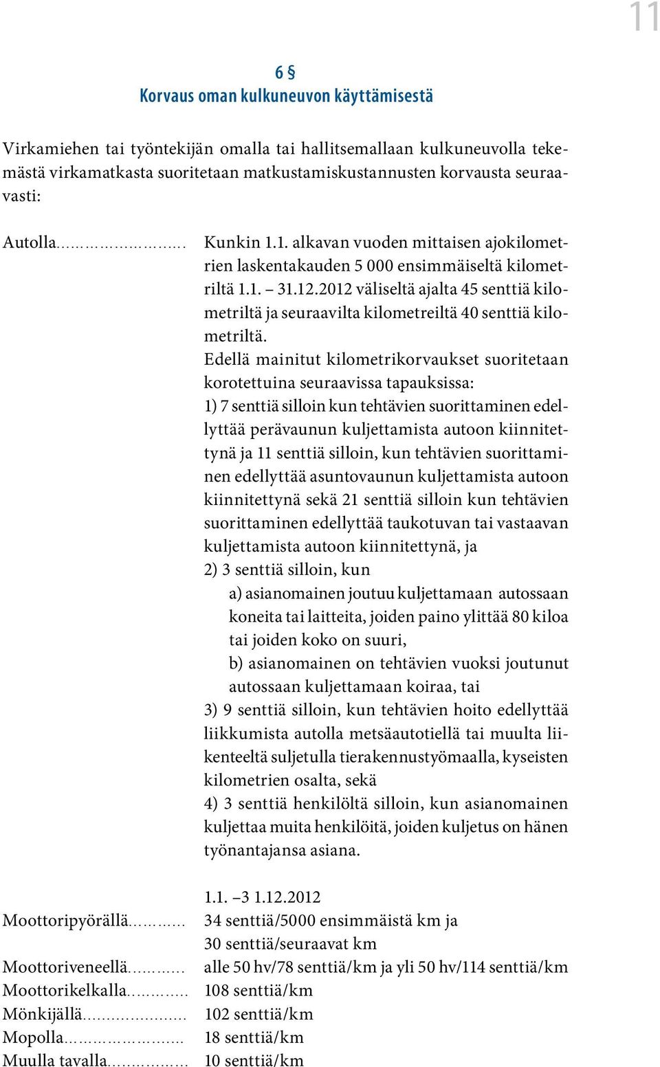 2012 väliseltä ajalta 45 senttiä kilometriltä ja seuraavilta kilometreiltä 40 senttiä kilometriltä.