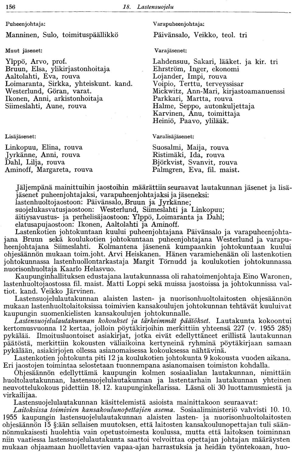 Ikonen, Anni, arkistonhoitaja Siimeslahti, Aune, rouva Lisäjäsenet: Linkopuu, Elina, rouva Jyrkänne, Anni, rouva Dahl, Lilja, rouva Aminoff, Margareta, rouva Varapuheenjohtaja: Päivänsalo, Veikko,