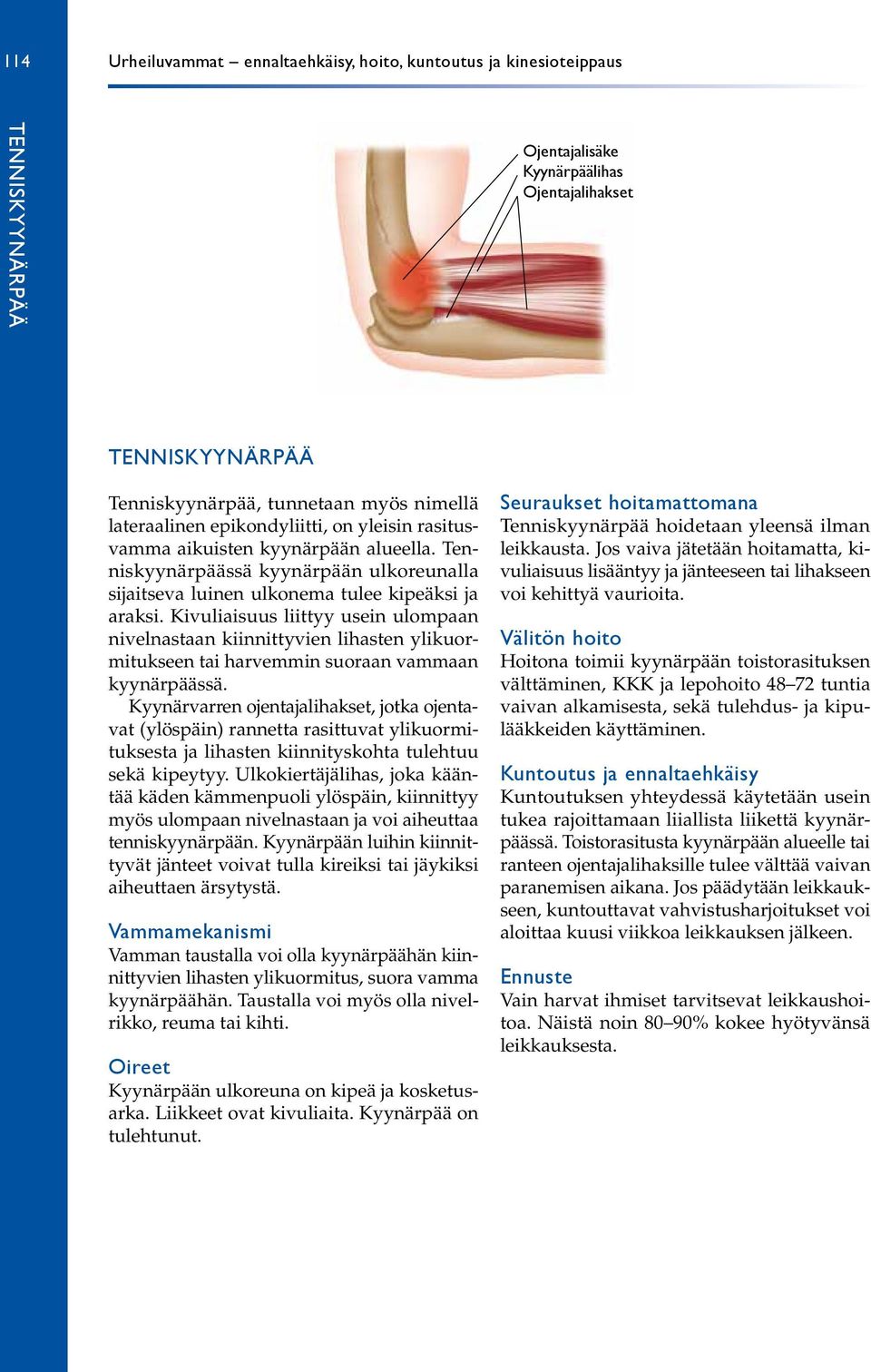 Kivuliaisuus liittyy usein ulompaan nivelnastaan kiinnittyvien lihasten ylikuormitukseen tai harvemmin suoraan vammaan kyynärpäässä.